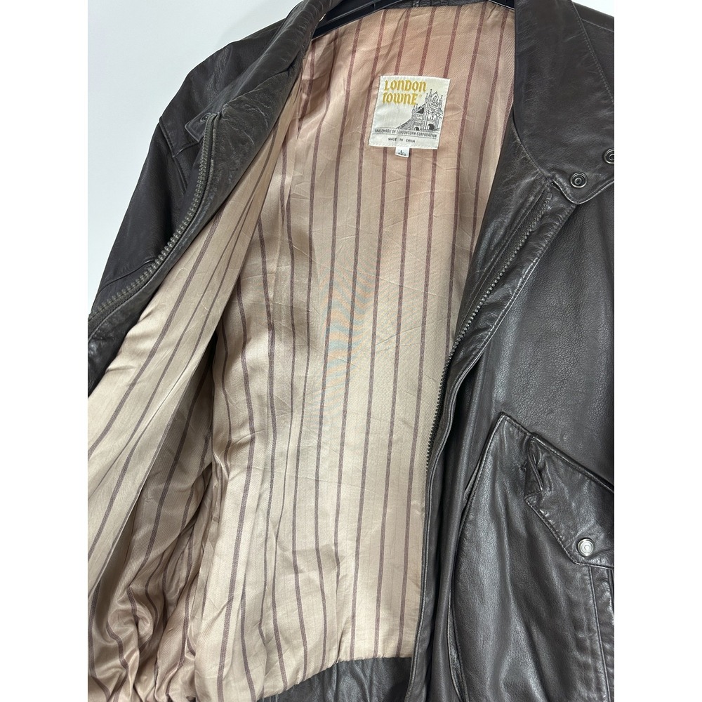Vtg London Towne Leather Jacket Men's Large Brown Bomber Distressed 90s Style - Picture 11 of 16